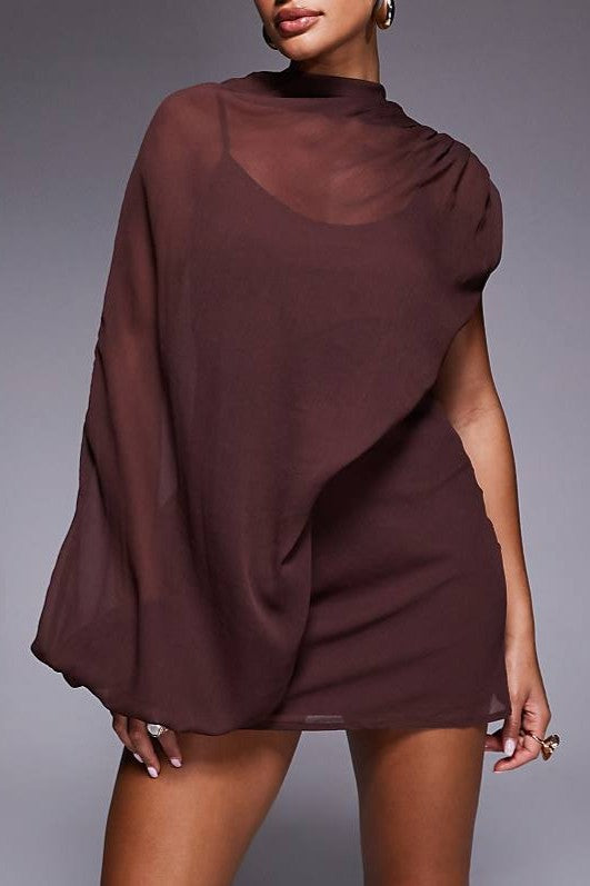 Asymmetric Mini Dress With Cut Out In Chocolate