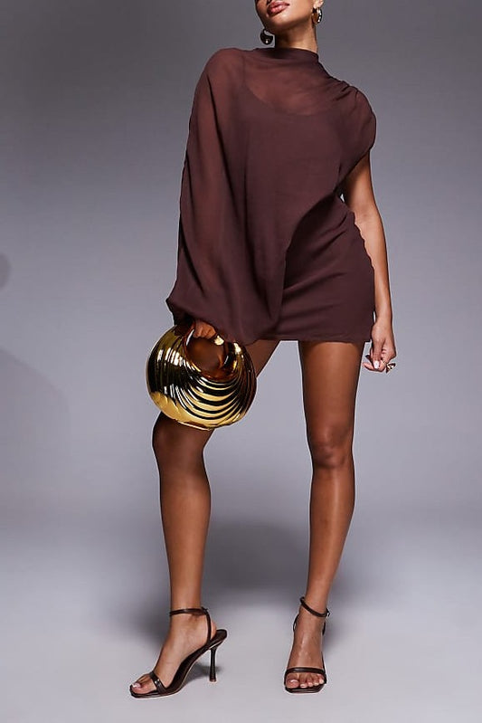 Asymmetric Mini Dress With Cut Out In Chocolate