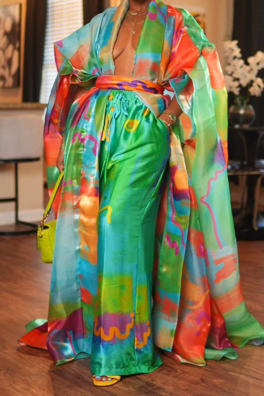 Colorful Oil Painting Silk Two-Piece Set