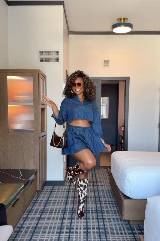Cropped Button Up Shirt and Mini Skirt Set