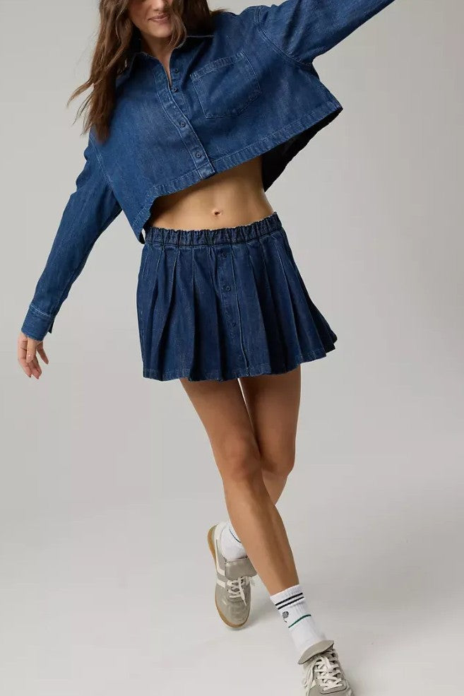 Cropped Button Up Shirt and Mini Skirt Set