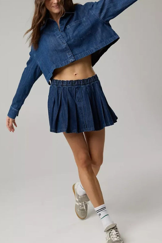 Cropped Button Up Shirt and Mini Skirt Set