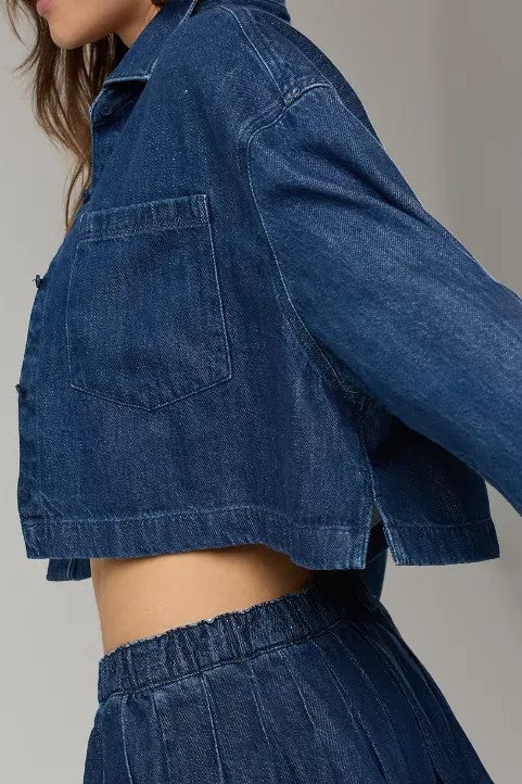 Cropped Button Up Shirt and Mini Skirt Set