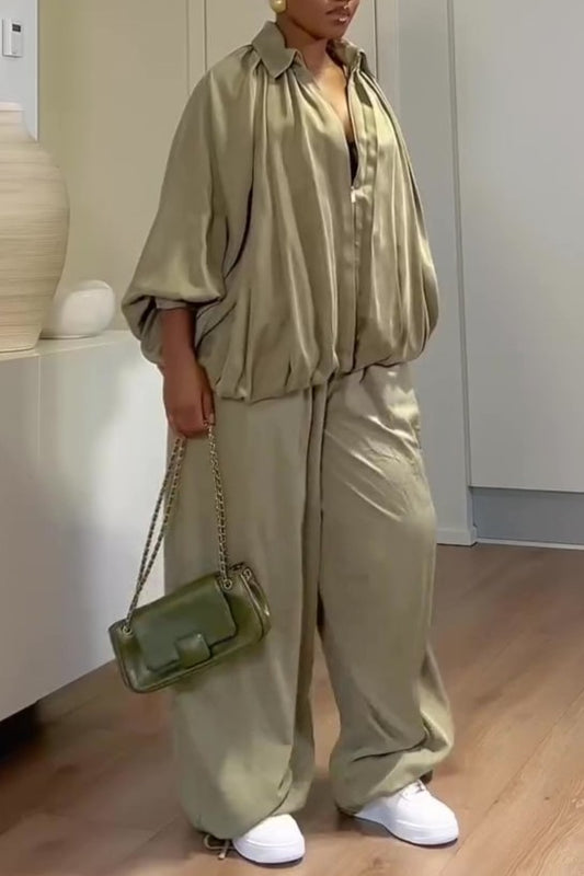Bomber Puff Sleeve Silk Shirt And Pants Set