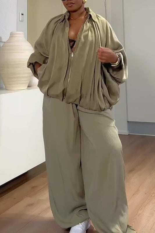 Bomber Puff Sleeve Silk Shirt And Pants Set