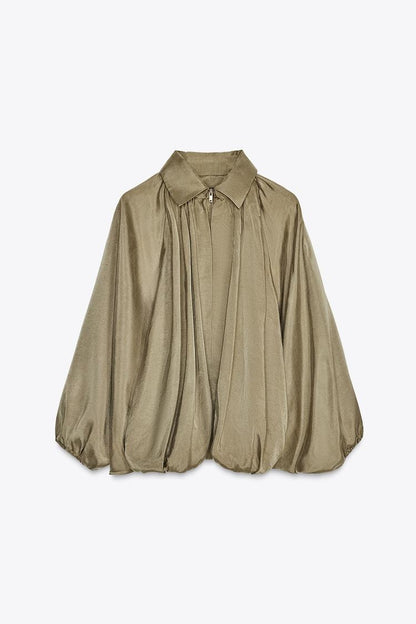 Bomber Puff Sleeve Silk Shirt And Pants Set