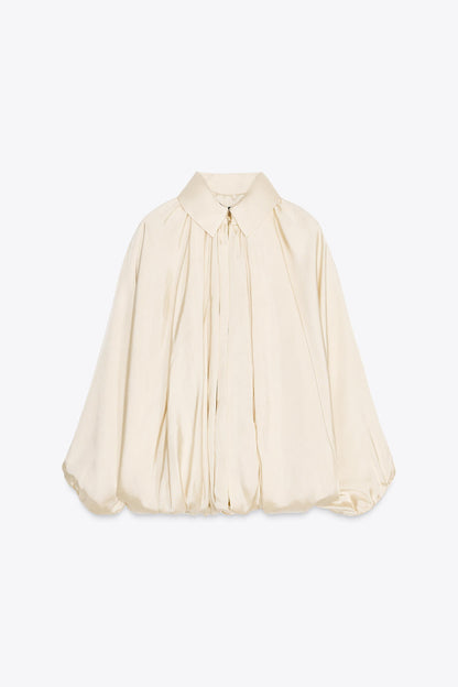 Bomber Puff Sleeve Silk Shirt And Pants Set
