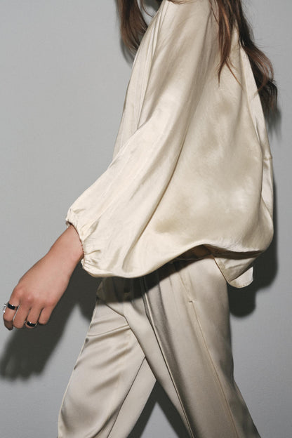 Bomber Puff Sleeve Silk Shirt And Pants Set