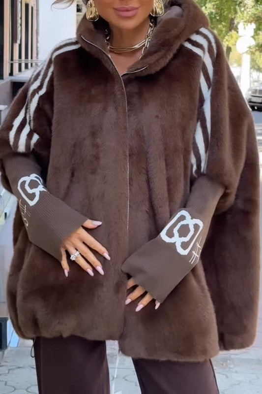 Eco-friendly faux fur knitted hooded coat