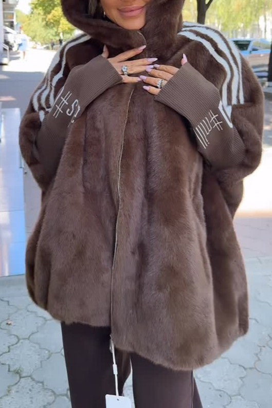 Eco-friendly faux fur knitted hooded coat