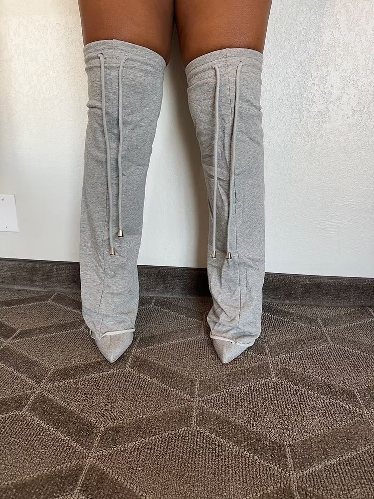 Grey Sweat Oversleeved Stiletto Knee High Boots