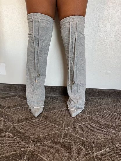 Grey Sweat Oversleeved Stiletto Knee High Boots