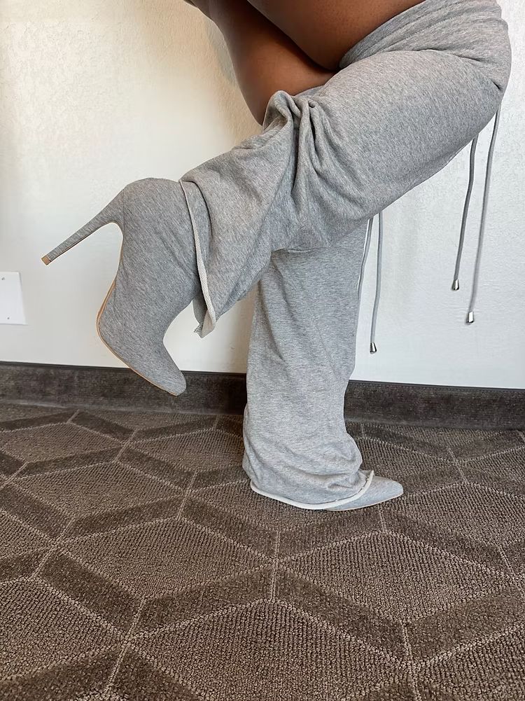 Grey Sweat Oversleeved Stiletto Knee High Boots