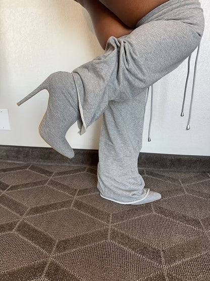 Grey Sweat Oversleeved Stiletto Knee High Boots