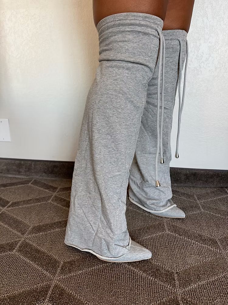 Grey Sweat Oversleeved Stiletto Knee High Boots