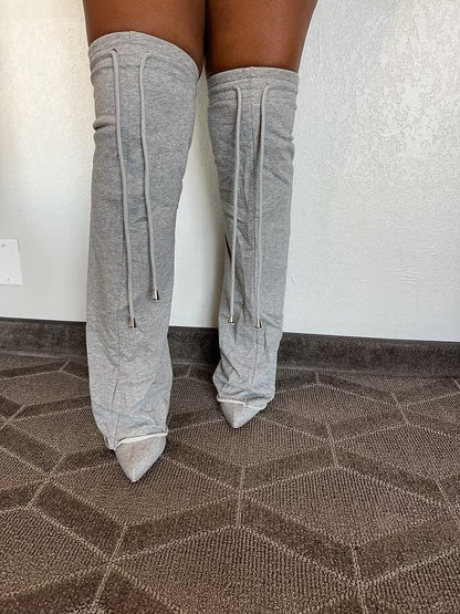 Grey Sweat Oversleeved Stiletto Knee High Boots