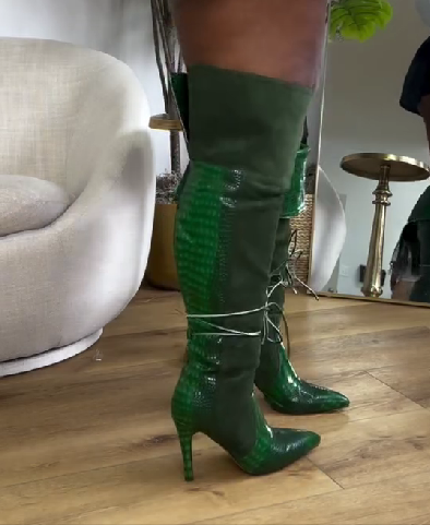 Alligator Leather Foldable Boots With Stitching & Lace-Up
