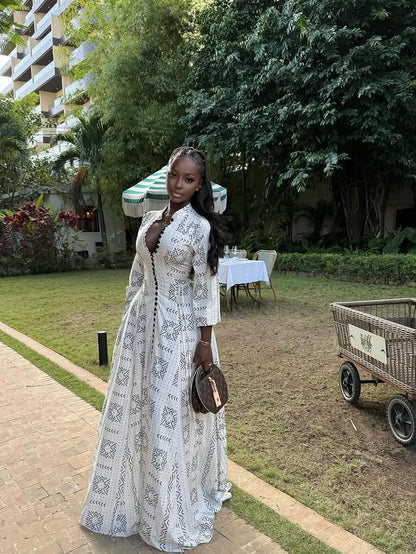 Ethnic Print Deep V - Neck Maxi Dress