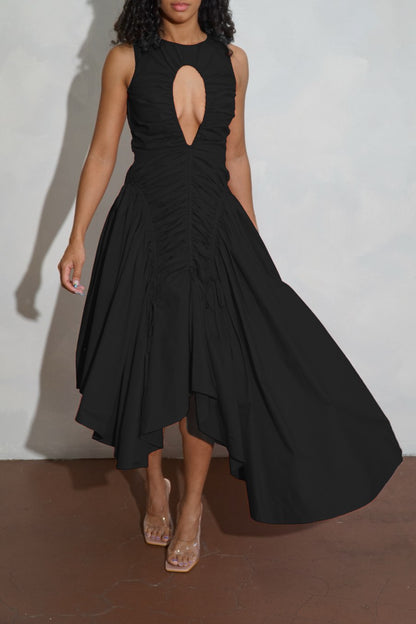Lock-button Pleated Long Dress