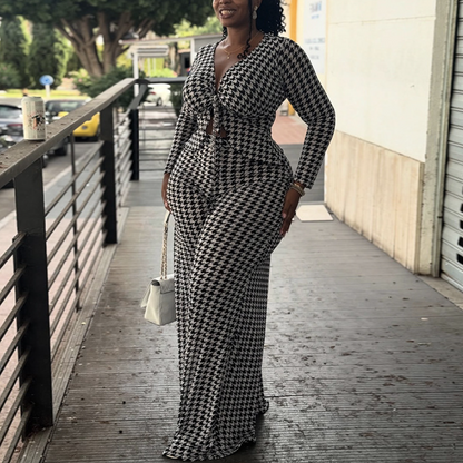 Houndstooth V-Neck Two-Piece Set