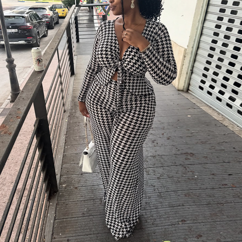 Houndstooth V-Neck Two-Piece Set
