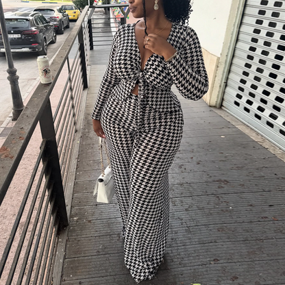 Houndstooth V-Neck Two-Piece Set