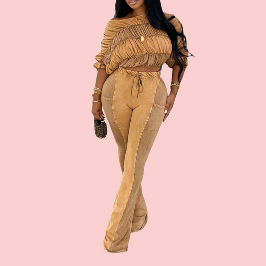 Pleated Blouse & Color-Blocked Pants Set