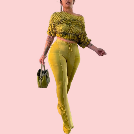 Pleated Blouse & Color-Blocked Pants Set