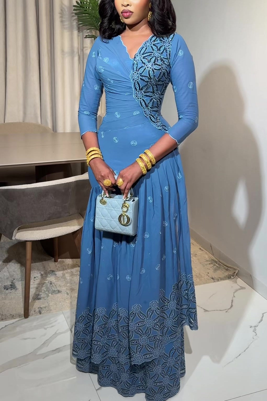 Exquisite hand-embroidered maxi dress