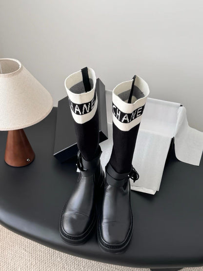 Black And White Technical Knit With Black Calfskin Boot