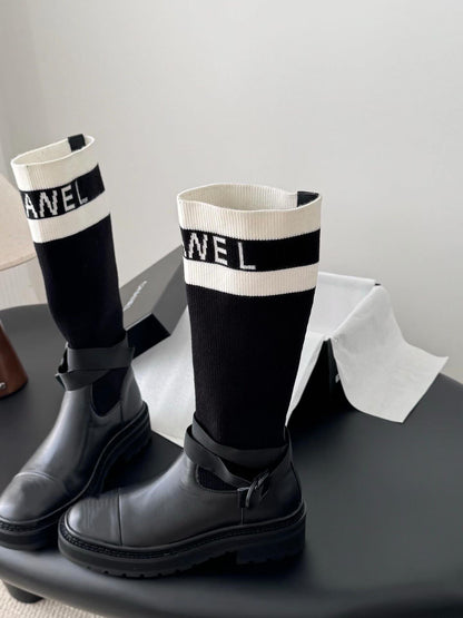 Black And White Technical Knit With Black Calfskin Boot