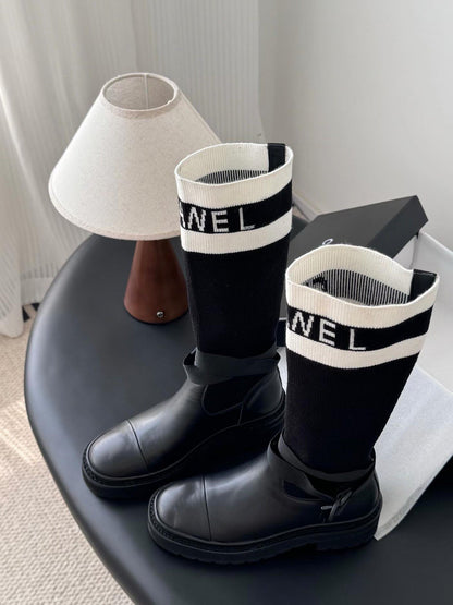 Black And White Technical Knit With Black Calfskin Boot