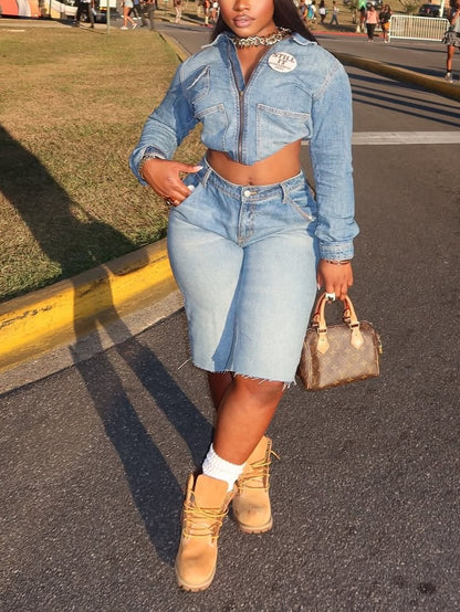Light Blue Cropped Denim Jacket and Shorts Set