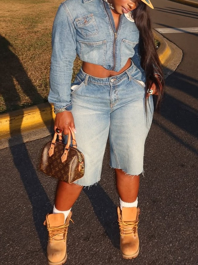Light Blue Cropped Denim Jacket and Shorts Set