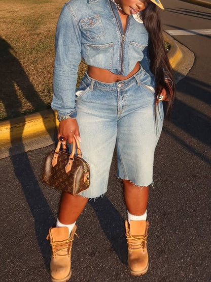 Light Blue Cropped Denim Jacket and Shorts Set