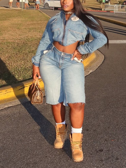 Light Blue Cropped Denim Jacket and Shorts Set