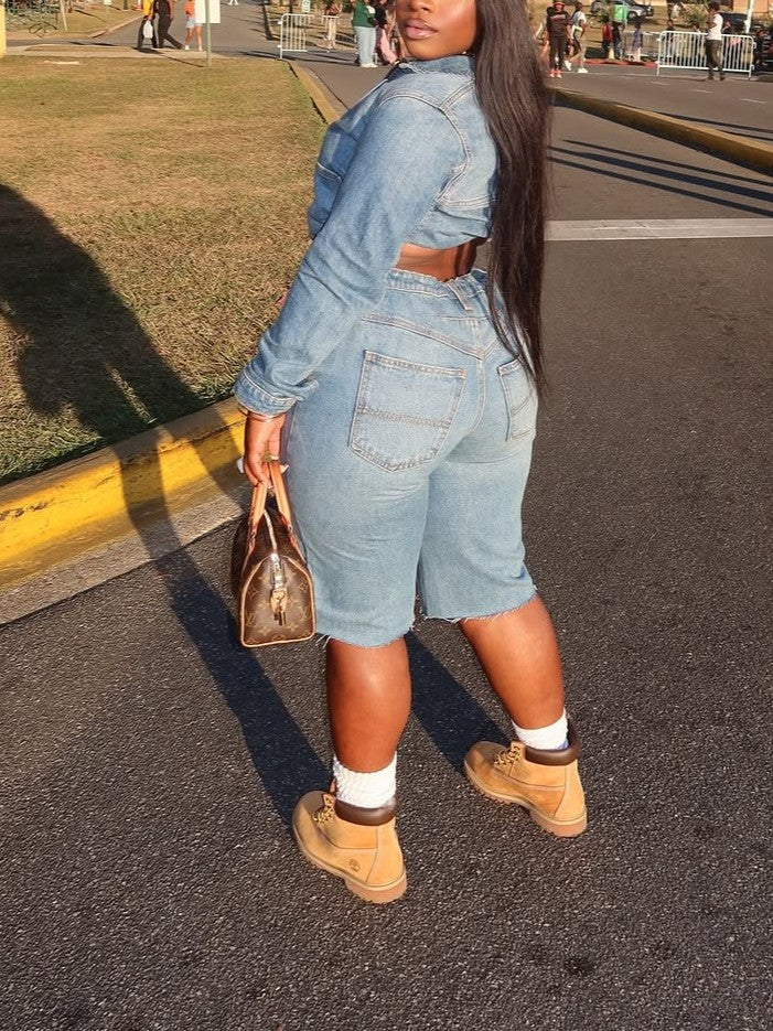 Light Blue Cropped Denim Jacket and Shorts Set