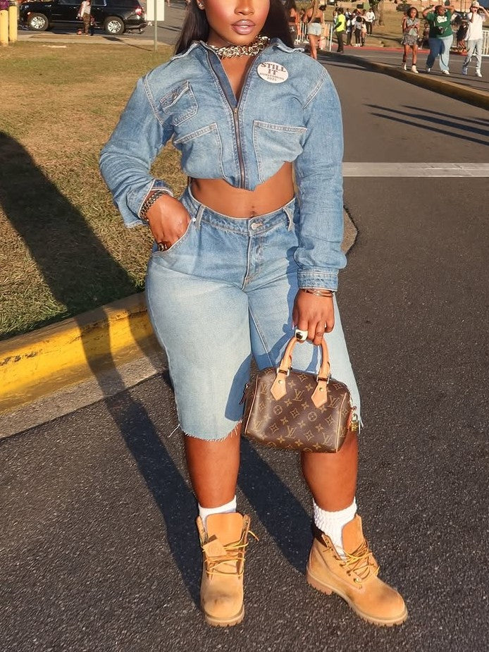 Light Blue Cropped Denim Jacket and Shorts Set
