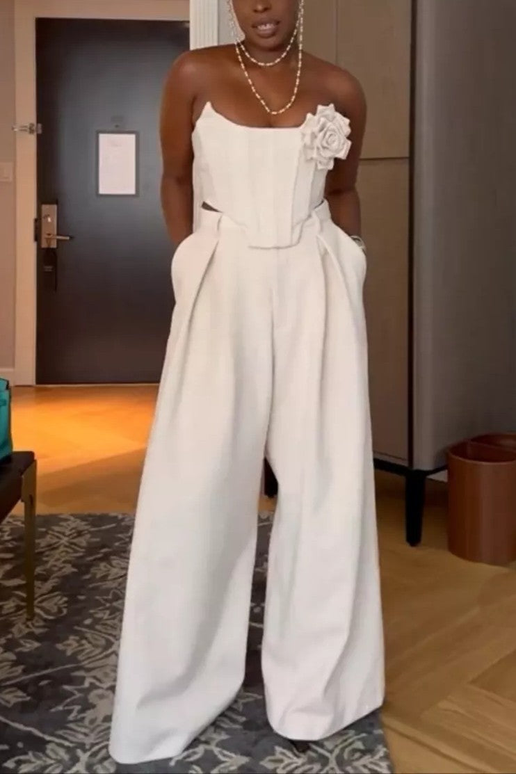 Floral Applique Bustier and Wide-leg Pants Set