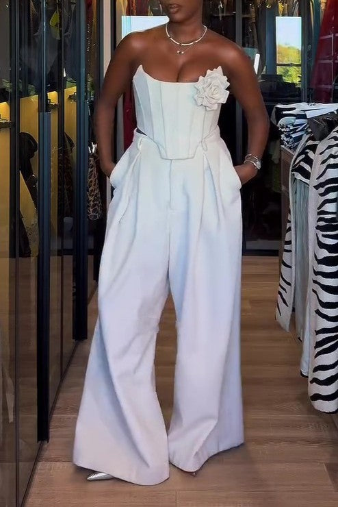 Floral Applique Bustier and Wide-leg Pants Set