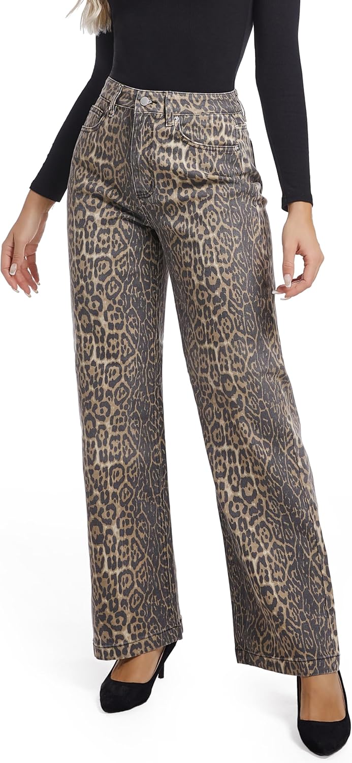 Leopard Print High-stretch Straight Leg Jeans
