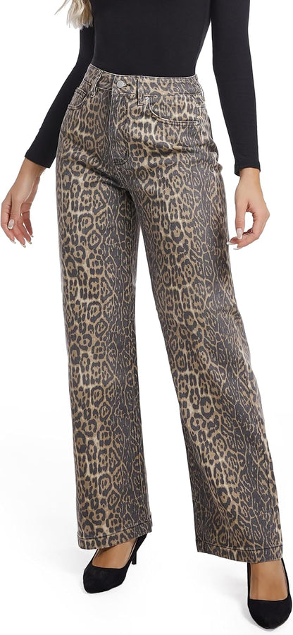 Leopard Print High-stretch Straight Leg Jeans