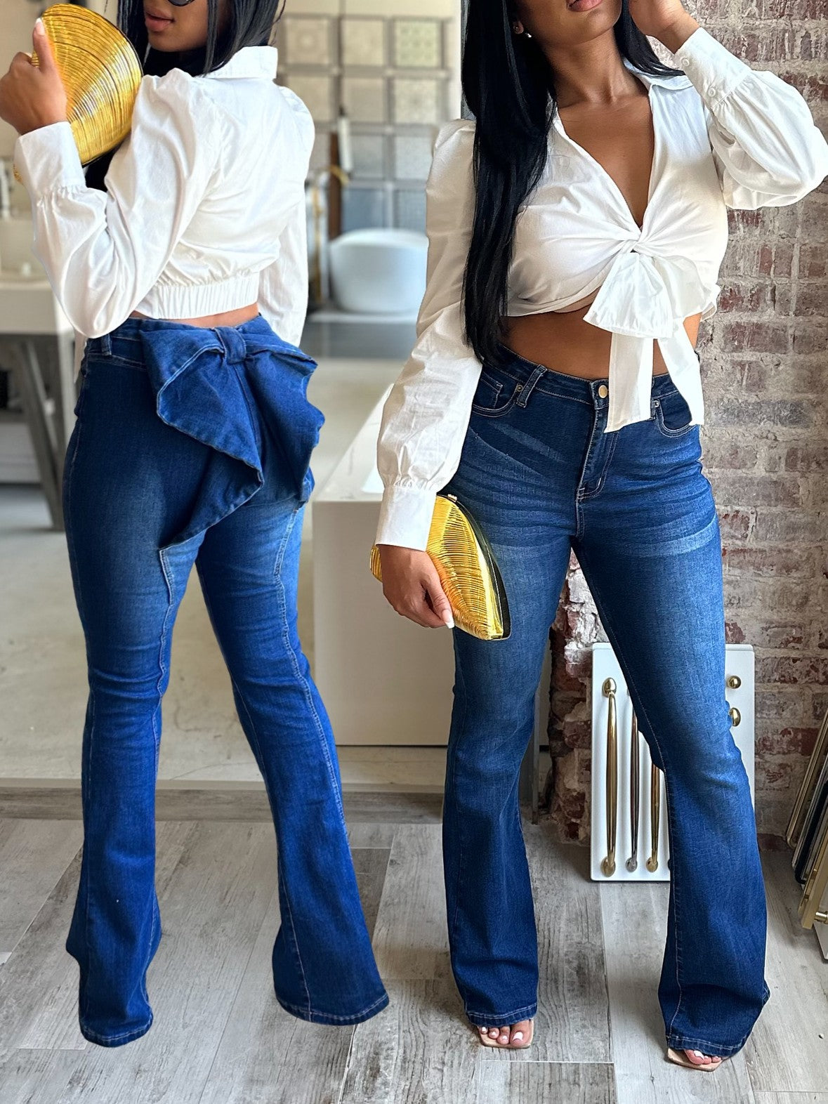Oversized Bow Detail Slim-fit Flared Jeans