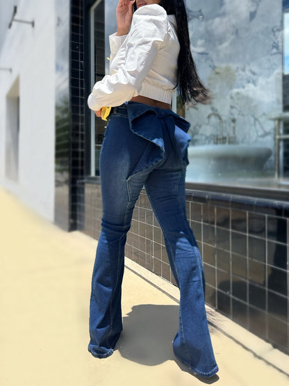 Oversized Bow Detail Slim-fit Flared Jeans