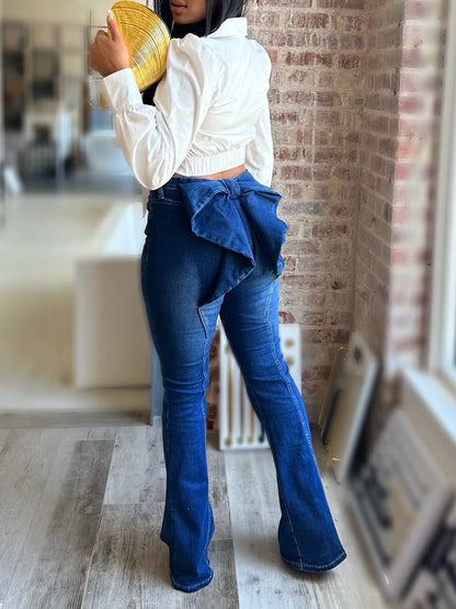 Oversized Bow Detail Slim-fit Flared Jeans
