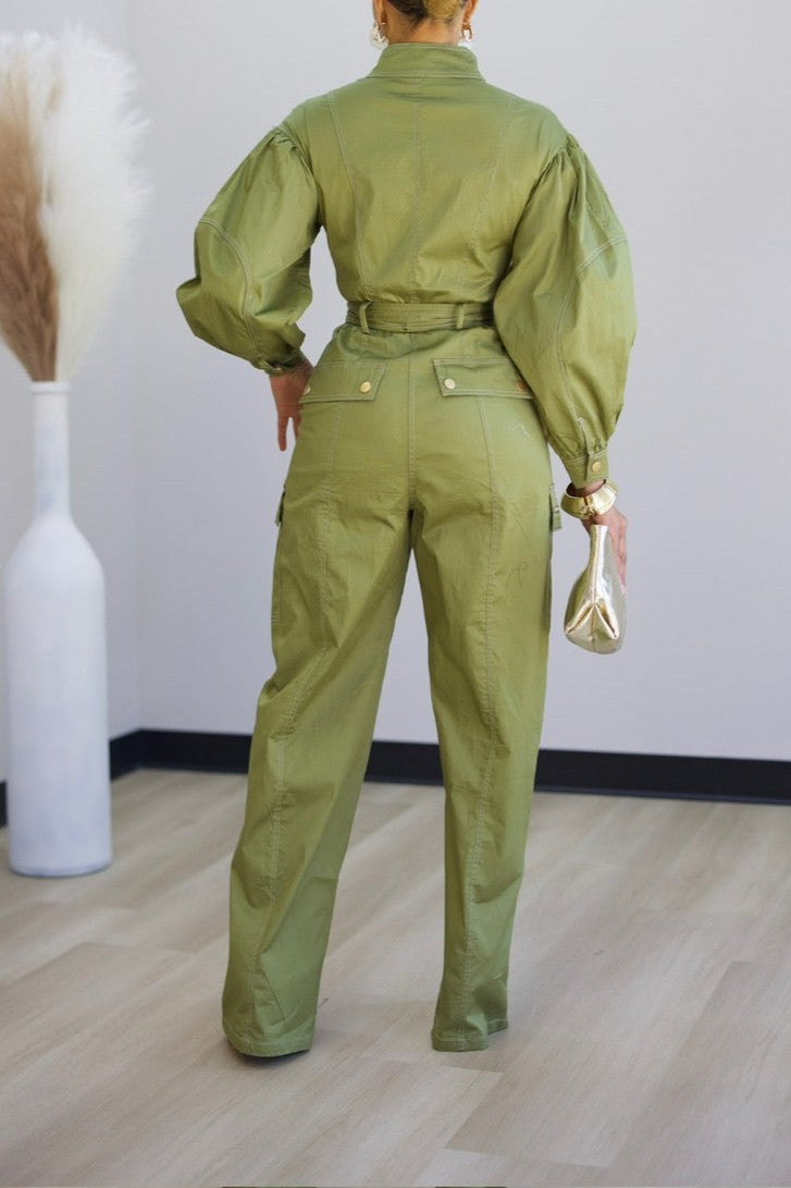 Gold-button Detail Multi-pocket Aviator Jumpsuit