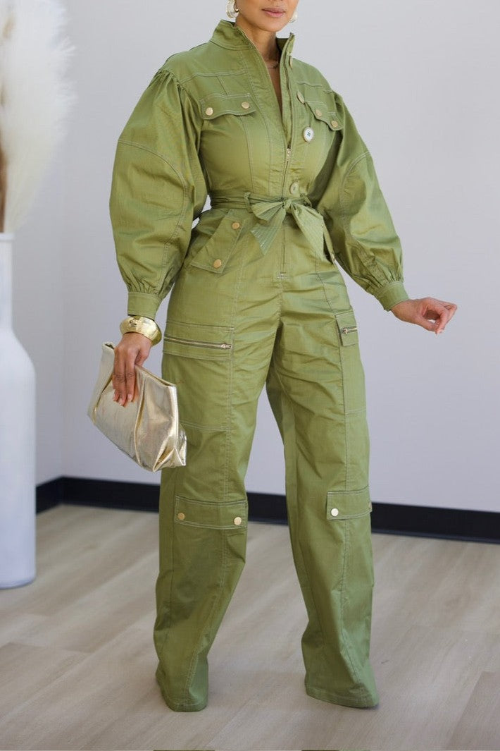 Gold-button Detail Multi-pocket Aviator Jumpsuit