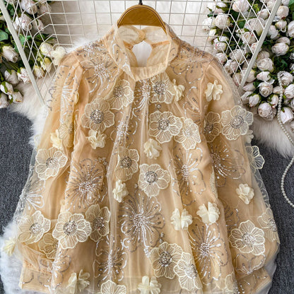 New Sequin Embroidered Mesh Top