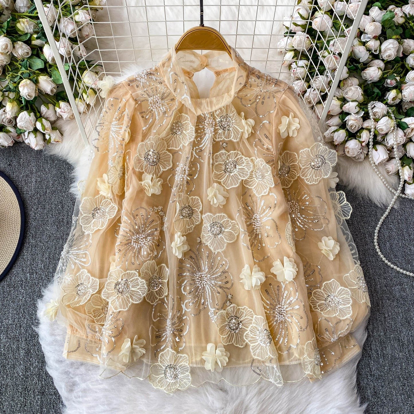 New Sequin Embroidered Mesh Top