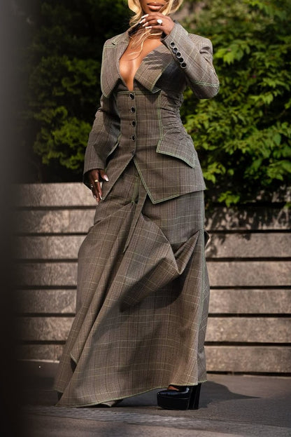 Plaid Fitted Jacket and Flared Skirt Set